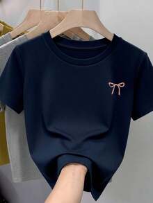 blusas elegantes dama, blusas para mujer,playeras de mujerCamiseta para mujer de 100% algodón, suave y cómoda de manga corta y cuello redondo con estampado de moñito moño pequeño de listón rosaPure Cotton Short-Sleeve Shirt - Blanco - Ver 5