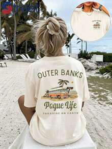 Camiseta 100% Algodón con Estampado de Autobús, Estilo Retro Europeo y Americano, Manga Corta Holgada, Estilo Vacaciones en la Playa, Ropa Casual Transpirable para Verano, Atuendo para Fiesta, Diseño de Estampado Moderno, Textura Suave, Imprescindible para Entusiastas. 2026-Ropa Bonita, Conjuntos para Conciertos, Vestidos de Verano para Mujer - Albaricoque - Ver 1