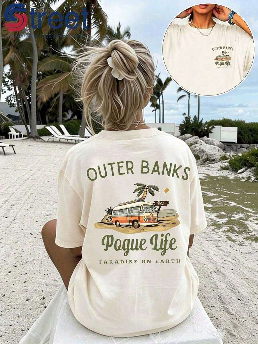 Camiseta 100% Algodón con Estampado de Autobús, Estilo Retro Europeo y Americano, Manga Corta Holgada, Estilo Vacaciones en la Playa, Ropa Casual Transpirable para Verano, Atuendo para Fiesta, Diseño de Estampado Moderno, Textura Suave, Imprescindible para Entusiastas. 2026-Ropa Bonita, Conjuntos para Conciertos, Vestidos de Verano para Mujer - Albaricoque - Ver 1