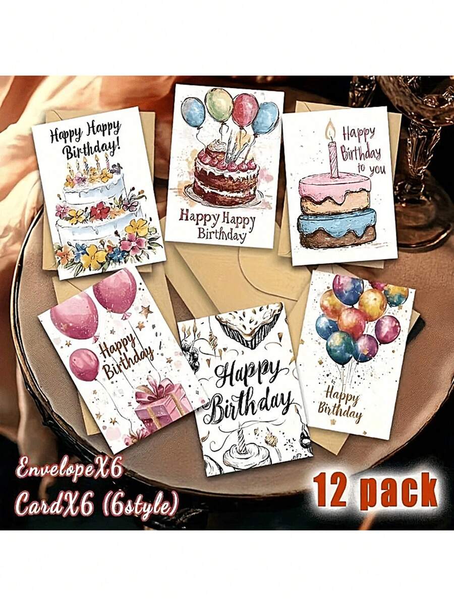 12張生日卡片,包含6張卡片和6個信封,色彩繽紛且設計精美,高品質紙張,非常適合向朋友、家人、老師和同事發送生日祝福,也適用於聖誕節、情人節、萬聖節和其他節日,生日祝福卡 - 彩色 - 查看 1