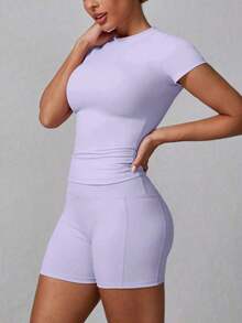 Conjunto deportivo de verano para mujer de unicolor simple con pantalón corto y manga corta - Morado - Ver 6