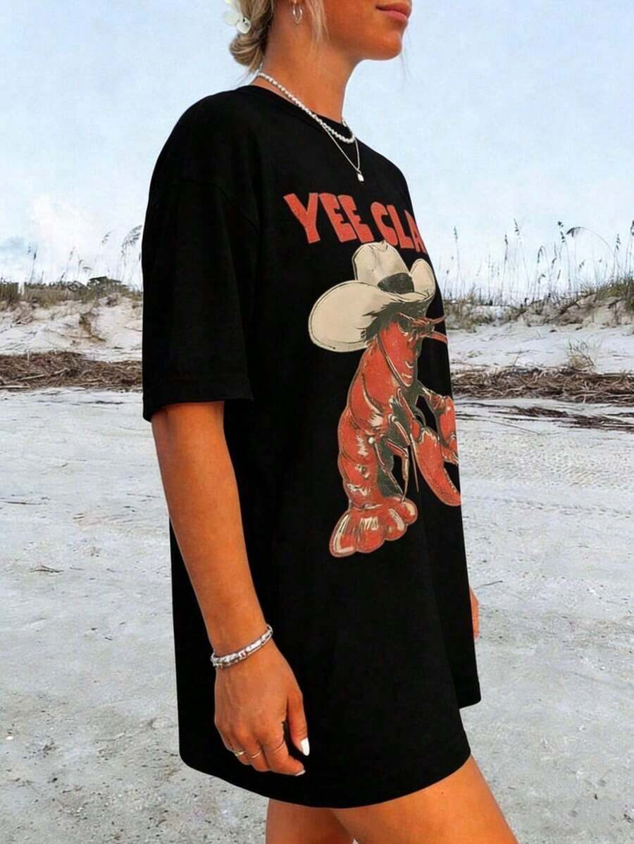 Camiseta de Vaquero con Langosta, Camiseta Divertida con Garra de Langosta, Camiseta de Playa Estilo Western, Camiseta de Verano para Mujer con Estampado de Chica Tomate, Camiseta Casual de Manga Corta de Talla Grande para Mujer, Camiseta Holgada con Estampados de Moda para Todas las Temporadas, Camiseta para Amigas y Familiares en Fiestas, Vacaciones, Acción de Gracias, Halloween, Día de San Valentín, Uso Diario, Unisex - Negro - Ver 1
