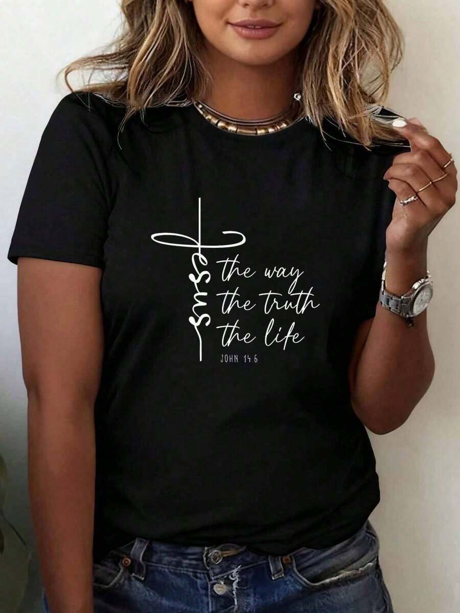 1 camiseta de fe cristiana para mujeres y hombres - Camiseta gráfica inspiradora con la frase "Jesús, el camino, la verdad, la vida", negra con letras blancas, cuello redondo, manga corta, estilo casual, lavable a máquina, ropa religiosa. Es muy adecuada para Halloween y el Día de Acción de Gracias, y es un regalo increíble para familiares y amigos. Summer180g 100% Algodón, los diseños están completamente impresos. Unisexo. - Negro - Ver 1