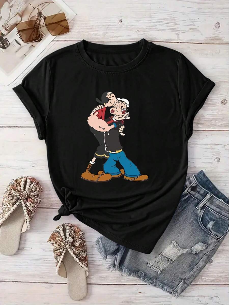 Fashionable Women's T-Shirt [New Arrival Recommendation] Cartoon Character Print T-Shirt, Women's Casual Clothing, Suitable For Vacation, Short Sleeve, Round Neck, Spring/Summer, Machine Washable, New Women's Clothing, Versatile For Urban And Sports Use. - 黑色 - 查看 1