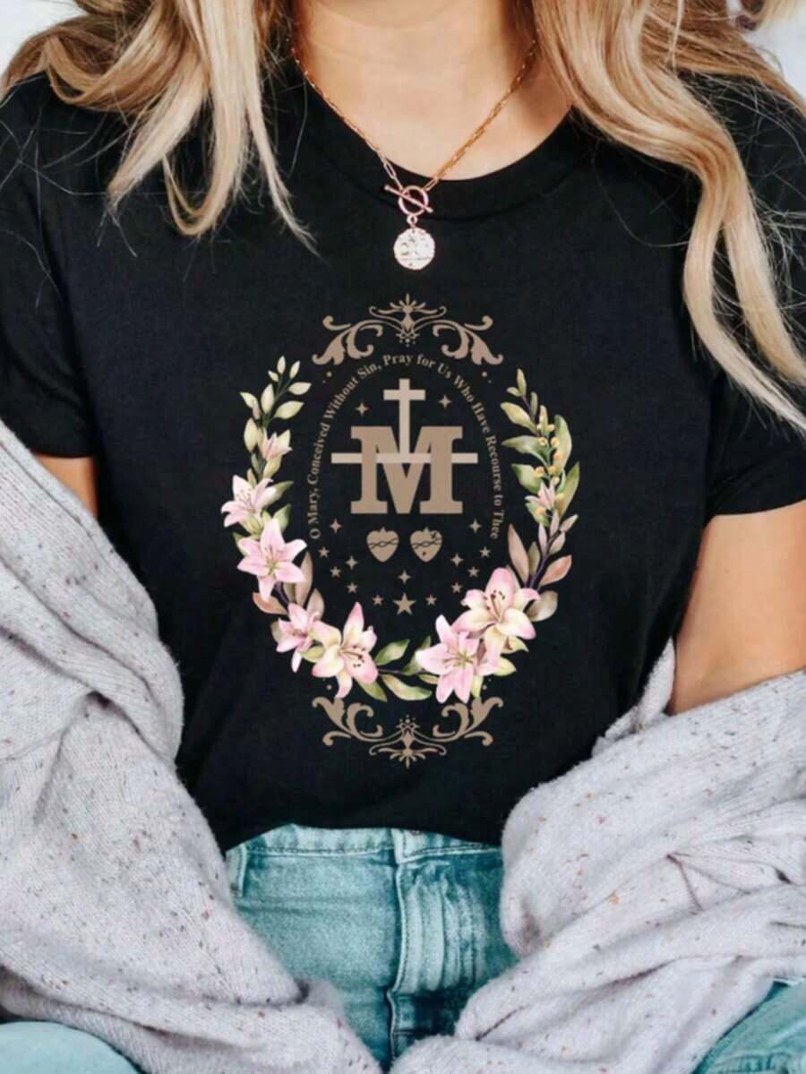 1 camiseta católica mariana, regalo católico, camiseta religiosa católica mariana, ropa de fe cristiana, camisetas religiosas florales para mujer, camiseta con cruz, camisetas lindas de verano para mujer, camiseta estampada de cuello redondo, camisetas gráficas para mujer, 180g 100% algodón, todos los diseños están impresos. Unisexo. - Negro002 - Ver 1