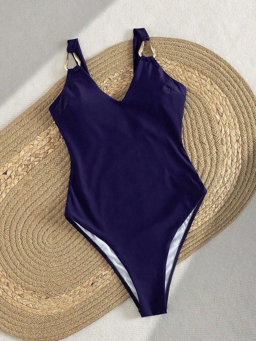 7AJK Traje de baño de una pieza de verano para mujer, conjunto de bikini sexy y estilo Y2K, bikini de unicolor sexy para fiestas y festivales de música, atuendo de playa y vacaciones para mujer - Azul marino - Ver 1