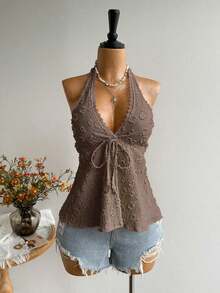 Conjunto de Playa Casual sin Espalda para Mujer, Estilo Bohemio, para Vacaciones, Festival de Música Hawaiana, Vacaciones Tropicales, Top Halter de Verano - Marrón Mocha - Ver 5