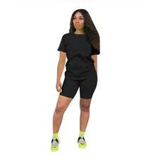 Chándal de Color liso para mujer, Conjunto de camiseta de alta calidad y pantalones cortos, traje de Jogging de lujo informal de verano, 2 piezas - Amarillo - Ver 2