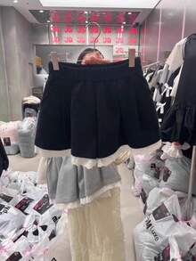 Pantalones casuales con ribete de encaje para mujer, de cintura elástica adelgazante, holgados de pierna ancha, para uso exte... - Vestido base blanco - Ver 2