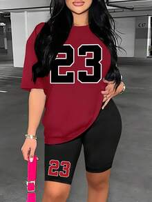 Conjunto de verano con estampado número 23 para mujer, pantalones cortos informales, camisa deportiva, ropa de calle, 2 piezas - vino tinto - Ver 5