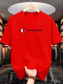 Unisex Champion Black T-Shirt For Men, 1 Unit, 100% Pure Cotton, Sporty Style, 220 Gram Digital Print T-Shirt, Champion Logo, Men's Crew Neck Short Sleeve Casual Shirt. "Note: Please Wear Skin-Colored Undergarments." - 1 - 查看 5