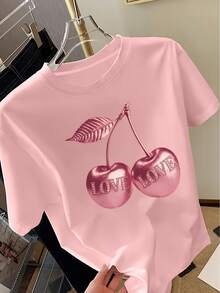 Women's Short-Sleeved T-Shirt With Cherry Print,  Casual Top, Stylish And Versatile For Everyday Wear. | Comfortable And Soft Fabric | Women's T-Shirts For Spring And Summer - 白色 - 查看 6