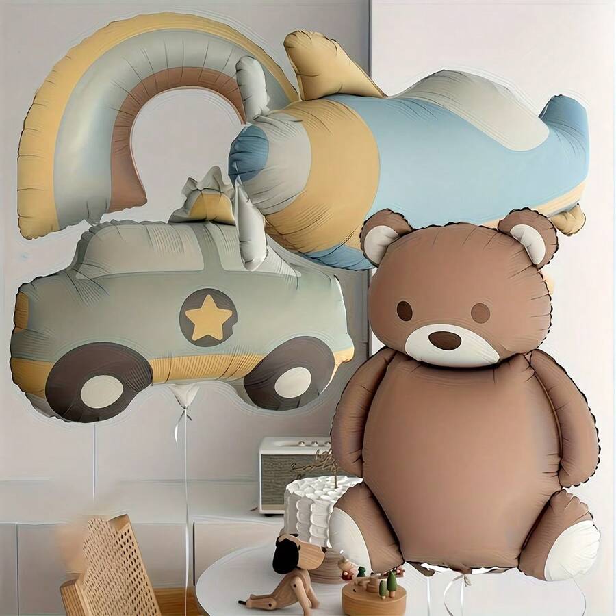 4pcs/Set Matte Teddy Bear, Airplane, Rainbow Foil Balloons Set, Suitable For Birthday Party, Anniversary Celebration, Outdoor Party, Arch Decoration, Background Decor - Matte Bear Airplane - View 1