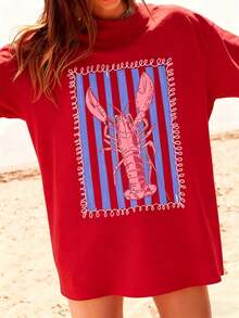 Graphic Women T‑Shirts,Women'S Pink Lobster And Blue Striped T-Shirt | White Casual Summer Beach Wear, Vertical Stripes And Wave Print, Pink Lobster D - 紅色 - 查看 8