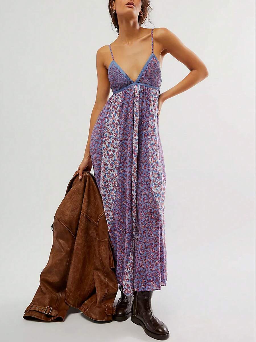 Cute Floral Long Sundresses For Women Boho Smocked Spaghetti Strap Dress Y2k Flowy Beach Ruffle Backless Maxi Dress - Purple - View 1