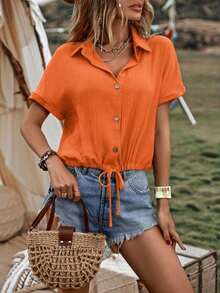 Camisa de verano para mujer, casual, suelta, de un solo botón y unicolor - Naranja - Ver 5