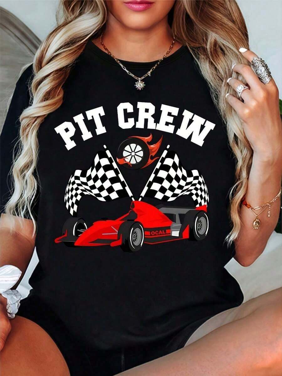 Racing Garage Staff T-Shirt - Pit Crew T-Shirts, Racing Party Apparel With Lettering And Logos, Casual Spring/Summer T-Shirt For Motorsports Events (Machine Washable) - Unisex Vintage Urban Style T-Shirt, 100% Cotton, Crew Neck, Short Sleeve - 黑色 - 查看 1