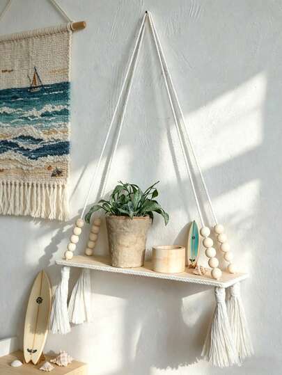 1/2Pcs Boho Hanging Wooden Shelf With Macrame Tassels And Decorative Beads, Minimalist Floating Wall Shelf For Living Room, Bedroom, Home Decor, Modern Rustic Wall Hanging Shelf For Plants, Candles, Vases, And Small Decorative Items, Bohemian Style Wooden Shelf, Ideal For Displaying Photos, Flowers, Small Plants, Collectibles, Unique Home Accessories, Easy To Install, Perfect For Modern Farmhouse And Boho Chic Decor, Suitable For Living Room, Bedroom, Office, Study, And Home Decor.