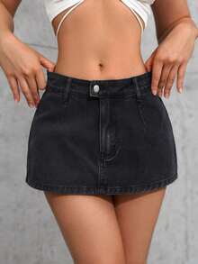 Minifalda de jean de moda con decoración de botón en la cintura para mujer - Negro 3 - Ver 5