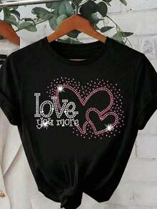 Women's Casual Short Sleeve T-Shirt With Round Neck And Heart-Shaped Rhinestone Design - 黑色 - 查看 3