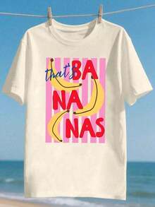 DrmWander Casual Printed T-Shirt "That's Bananas" With Striped Banana Design, Fresh And Sweet Style, Summer Clothes For Women, Vacation Outfits For Women, Beach Outfits For Women - Vintage Urban Style, Unisex Cotton Short Sleeve Crew Neck T-Shirt - 杏色 - 查看 5
