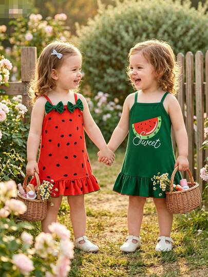 Set de 2 piezas Vestido sin mangas con estampado de sandía para niñas pequeñas, conjunto de vestido de verano multicolor lindo