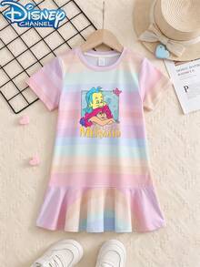 Disney [1 Pc]Girls Ariel The Mermaid Print Rainbow Striped Casual Short Sleeve Crew Neck T-Shirt Dress For Summer - 條紋 - 查看 2