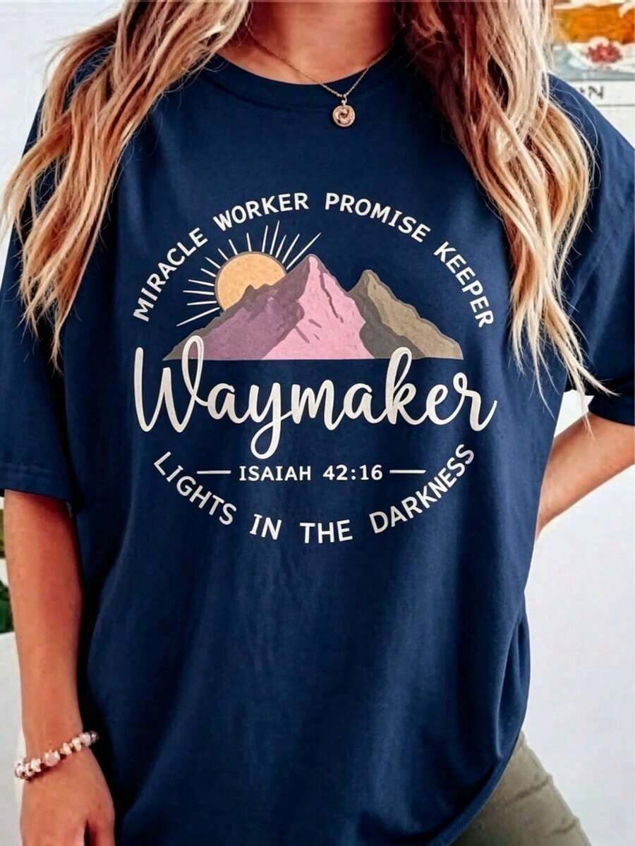 Loose Fit Pure Cotton Printed Short Sleeve Tee Women's Christian Faith T-Shirt - Miracle Creator Promises Guardian, Short-Sleeved, Round-Neck, Casual Church Attire, Printed With ' Name And Religious Message, Comfortable Christian Clothing For All Seasons - Vacation Outfits Women - Navy Blue - 查看 1
