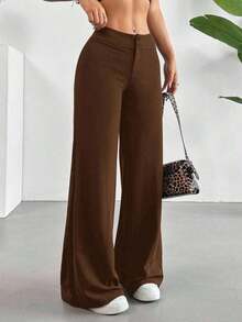 Pantalones rectos con tiro alto y campana sólidos - Café integral - Ver 7