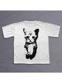 Y2K Cat-Themed T-Shirt, Unisex Graphic Tee, Y2K Emo Gothic Grunge Style Clothing, Streetwear For Men And Women, Loose And Comfortable For Summer. - White - View 1