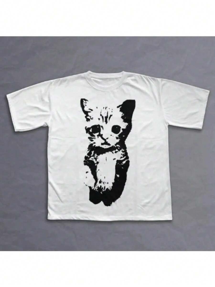 Y2K Cat-Themed T-Shirt, Unisex Graphic Tee, Y2K Emo Gothic Grunge Style Clothing, Streetwear For Men And Women, Loose And Comfortable For Summer. - White - View 1