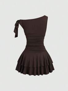 2026 New vestidos casual Vestidos mini con cuello asimétrico y decoración de flor de metal de unicolor para mujer - Rosa Pálido 2 - Ver 8