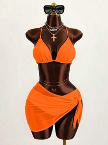 Conjunto de 3 piezas de traje de baño de bikini de unicolor y estilo sexy de halter para mujeres, conjunto de traje de baño, para vacaciones de verano en la playa - Naranja - Ver 7
