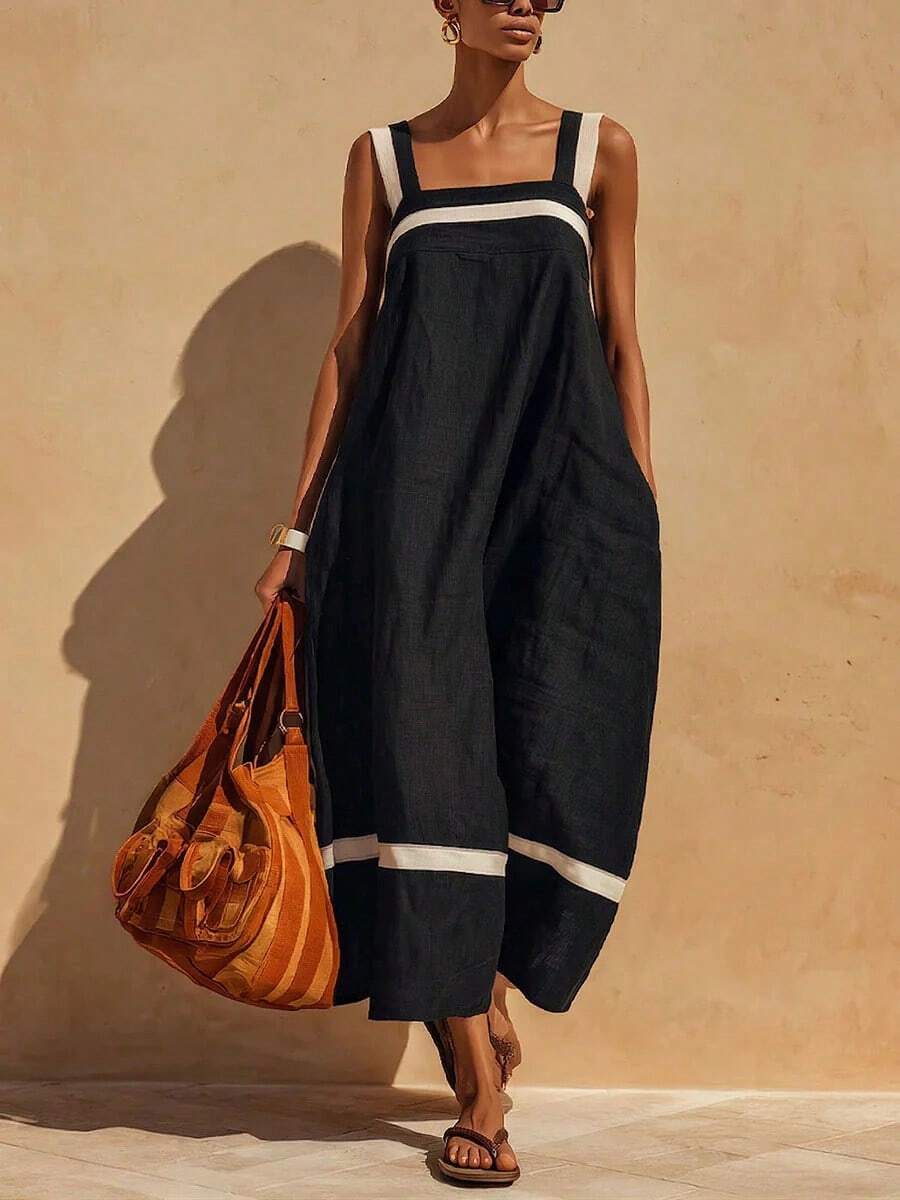 Women's Summer New Cotton-Linen Blend Square Neck Striped Color-Block Sleeveless Casual Elegant Dress - 黑色 - 查看 1