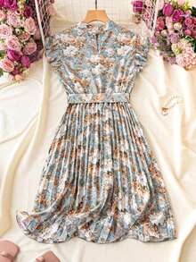 Vestido de verano para mujer de unicolor con mangas cortas, cuello alto, cintura plisada, para vacaciones y playa - Multicolor 2 - Ver 2