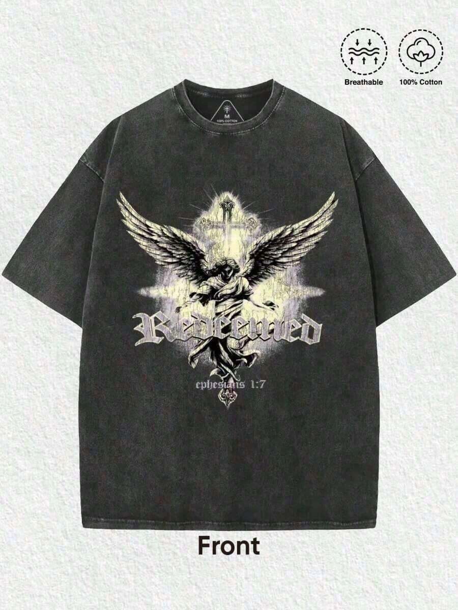 Ropa de hombre;Camisetas de Verano: Camiseta Gráfica Retro Lavada, 100% Algodón, 1 Pieza. Diseño Retro Desgastado en Negro con Ilustración de Ángel Alado Gótico Oscuro en la Parte Frontal (con Alas Ampliamente Abiertas) + Fondo de Cruz Brillante (Textura Agrietada Desgastada) + Tipografía Gótica Desgastada "Redeemed" + Texto Bíblico Efesos 1:7. Camiseta de Manga Corta Oversize Unisex Transpirable 100% Algodón, Ideal para Servicios Religiosos Navideños, Uso Casual en Días de Caza, Estilo Urbano, Reuniones de Compañerismo y Adoración, Eventos de Moda Religiosa y Urbana, Ropa Urbana Diaria, Ropa Casual para Amigos, Excelente Regalo para Amigos y Familiares, Ropa de Verano para Hombres y Mujeres WN42. - Negro - Ver 1