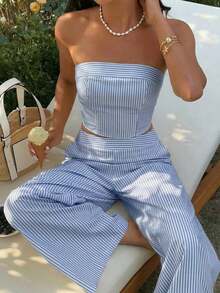 SunnyBelle Conjunto de top bandeau a rayas amarillas y pantalones pitillo de talle alto para mujer, conjunto de vestimenta versátil y de moda para calle y vacaciones, primavera/verano - Azul - Ver 4