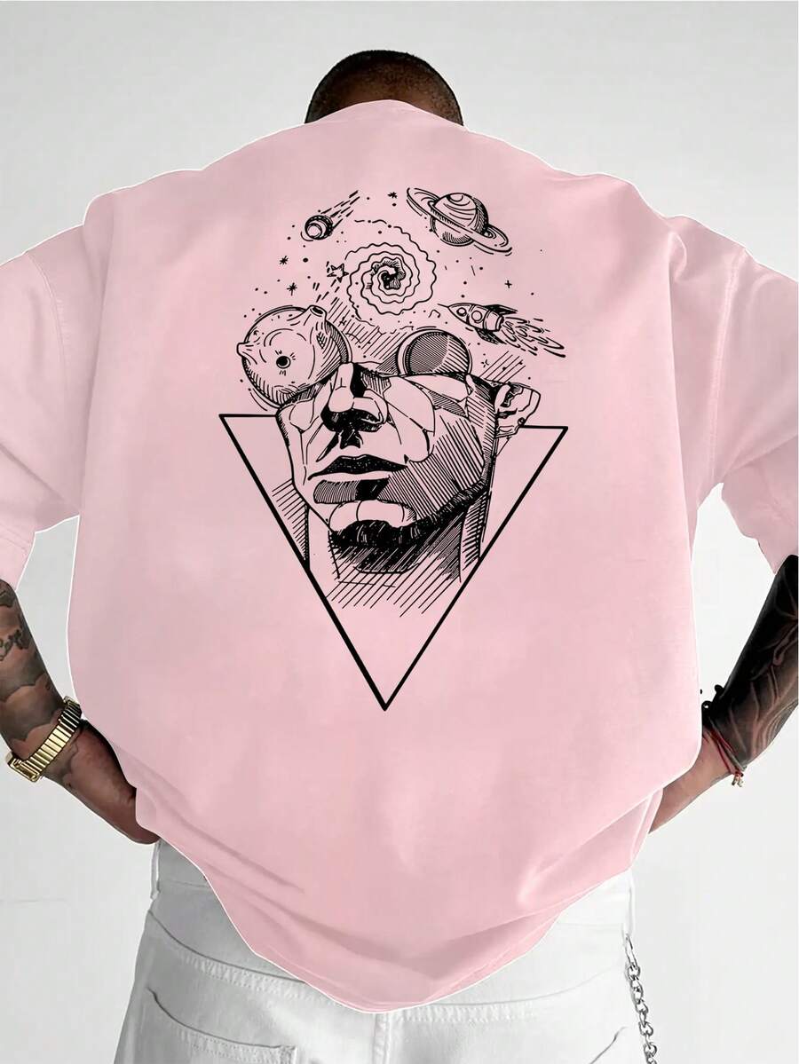 Camvyn Men's Casual Fashionable Minimalist Commuting Printed Dropped Shoulder Loose Breathable Short Sleeve T-Shirt, Summer - Pink - View 1