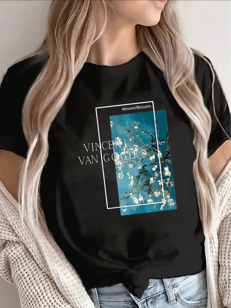 Women's Short-Sleeved T-Shirt With Van Gogh Art Print, Lightweight And Durable, In Black, Perfect For Casual Outings, Home Use, Cafes Or Outdoor Activities, Offering A Comfortable Fit And Stylish Design, Suitable For Everyday Wear. - 黑色 - 查看 1