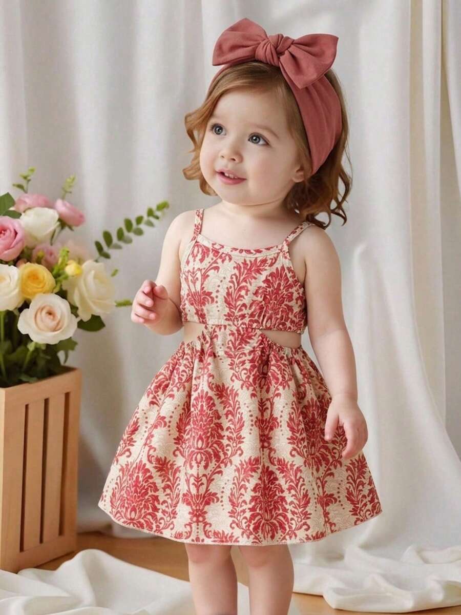 Baby Girls' Vacation Style Spaghetti Strap Hollow Out Dress - Pink - View 1