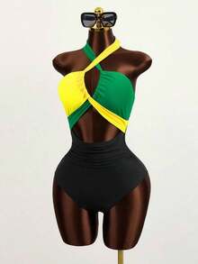 Swim  Traje De Baño De Una Pieza Con Corte Anudado Y Cuello Halter De unicolor De Playa De Verano - Multicolor 5 - Ver 6