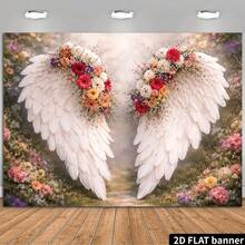 Fondo de escenario con alas de ángel, flores silvestres y sendero rural en estilo natural fresco, de material de poliéster duradero, sin instalación requerida, adecuado para ceremonias conmemorativas al aire libre y eventos rústicos - 28 - Ver 1