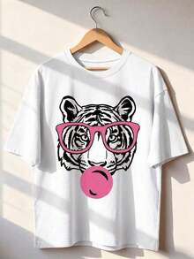 Camiseta Casual de Mujer de Manga Corta, Cuello Redondo, de Poliéster con Estampado de Tigre - Blanco - Ver 3