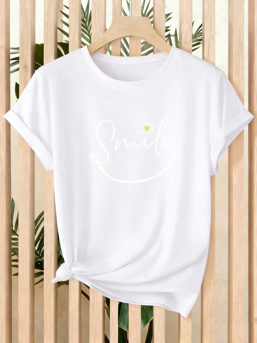 Verano Nueva Camiseta de Manga Corta para Mujer con Cara Sonriente y Patrón de Margarita, Diseño Fresco y Encantador, Adecuada para el Hogar, la Oficina, Viajes, Top Versátil - Blanco - Ver 1