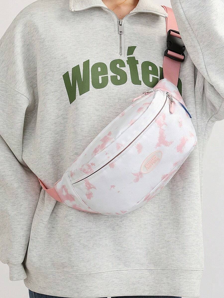 时尚百搭的女士胸包，扎染图案尼龙面料，男女通用，可作单肩包、斜挎包、腰包，适合运动、通勤、日常穿着。