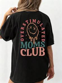 Camisetas de verano para mujer con estampado gráfico 'Mom Club', cuello redondo, manga corta, estilo casual sencillo para uso diario, en color negro, tallas grandes. Camisetas con estampado gráfico para el cumpleaños de mamá, estampados divertidos para mamá, ropa de verano para mujer, camisetas de verano con estampados de rostro y letras. - Negro - Ver 2