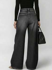 Nuevos jeans de mezclilla con diseño de ojales de metal para mujeres, estilo casual y suelto de cintura alta y pierna ancha, al estilo europeo y americano - Negro (en producción) - Ver 5