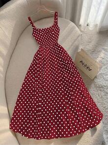 Vestido largo de tirantes finos con estampado de lunares en estilo vintage francés para playa y vacaciones - Burdeos - Ver 2