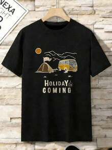 T-Shirt With A Camp, RV, And Mountain Print, Perfect For Vacation And Outdoor Looks, Ideal For Casual And Travel Outfits. Comfortable Oversized Fit, Perfect For Pairing With Jeans And Shorts. - Black - View 4