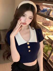 2026学院风撞色翻领针织上衣，金属纽扣罗纹修身毛衣，甜美少女风针织衫，适合年轻女士日常穿着及约会，弹性柔软针织面料，显瘦，适合18-35岁女性夏季穿着 - 寶藍色 - 查看 7